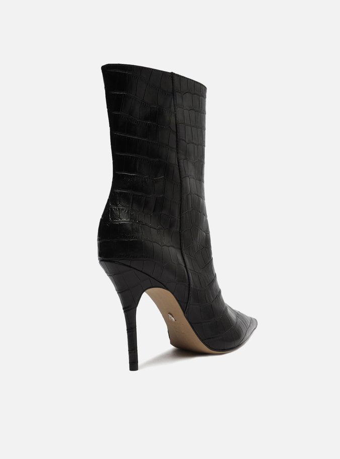 Bota Preta Croco Cano Médio Salto Alto Fino