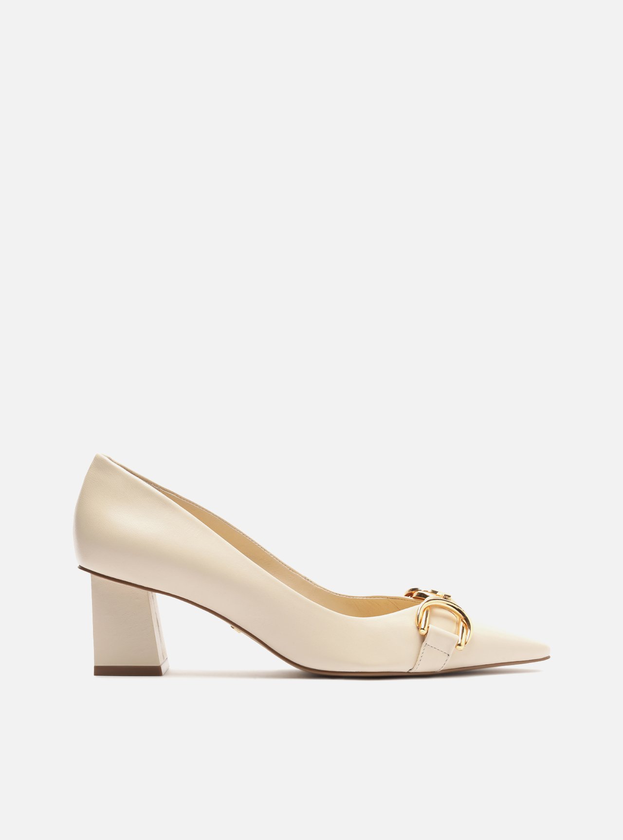 Scarpin Off White Couro Salto Bloco Metais — foto 1