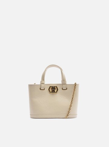 Bolsa Tote Branca Couro Pequena Encaixe Metal