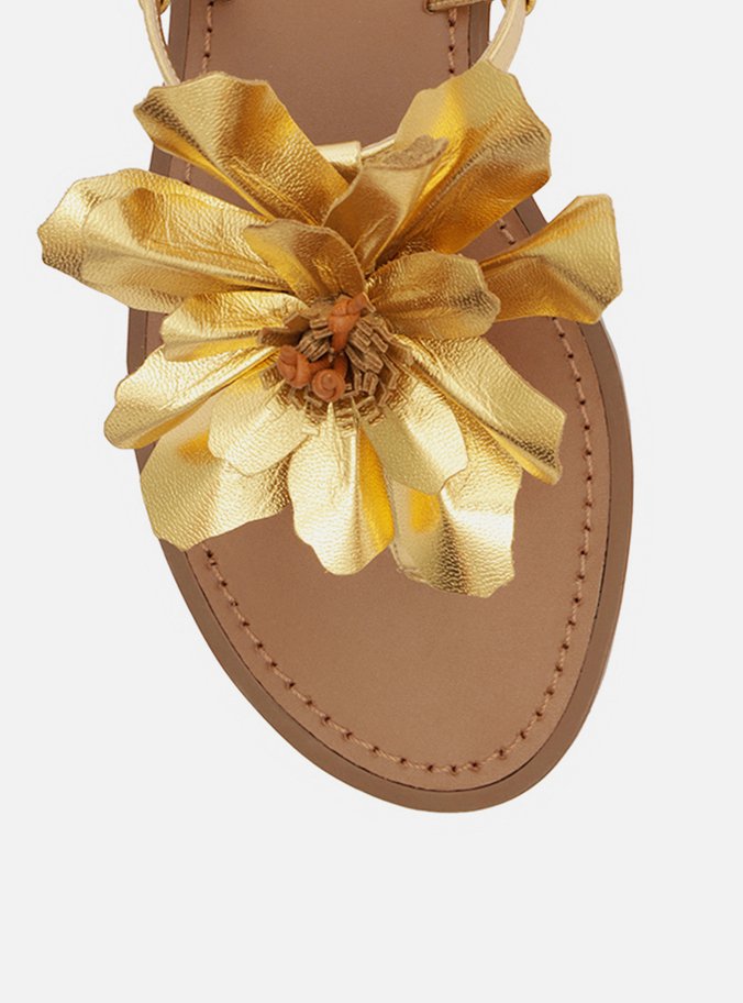 Sandália Rasteira Dourada Couro Slim Flor