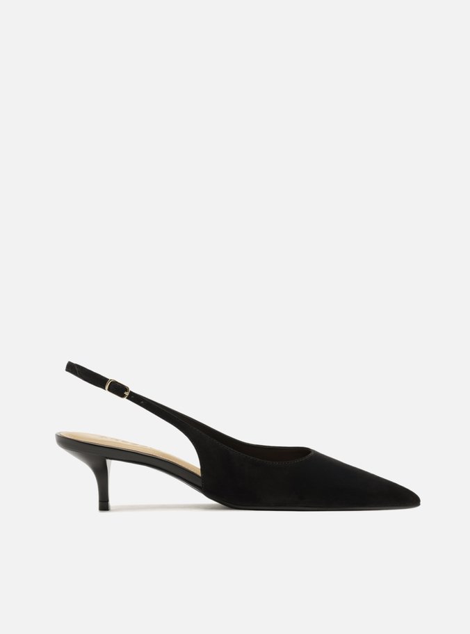 Scarpin Preto Acamurçado Salto Fino Slingback