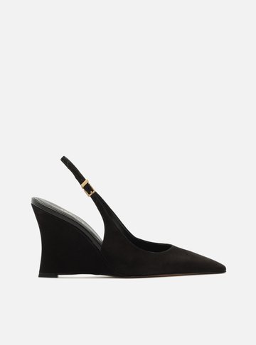 Scarpin Preto Acamurçado Slingback Salto Anabela