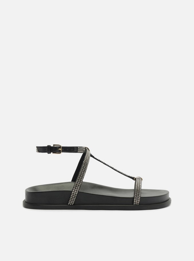 Sandália Papete Preta Couro Strass Elos Metálicos