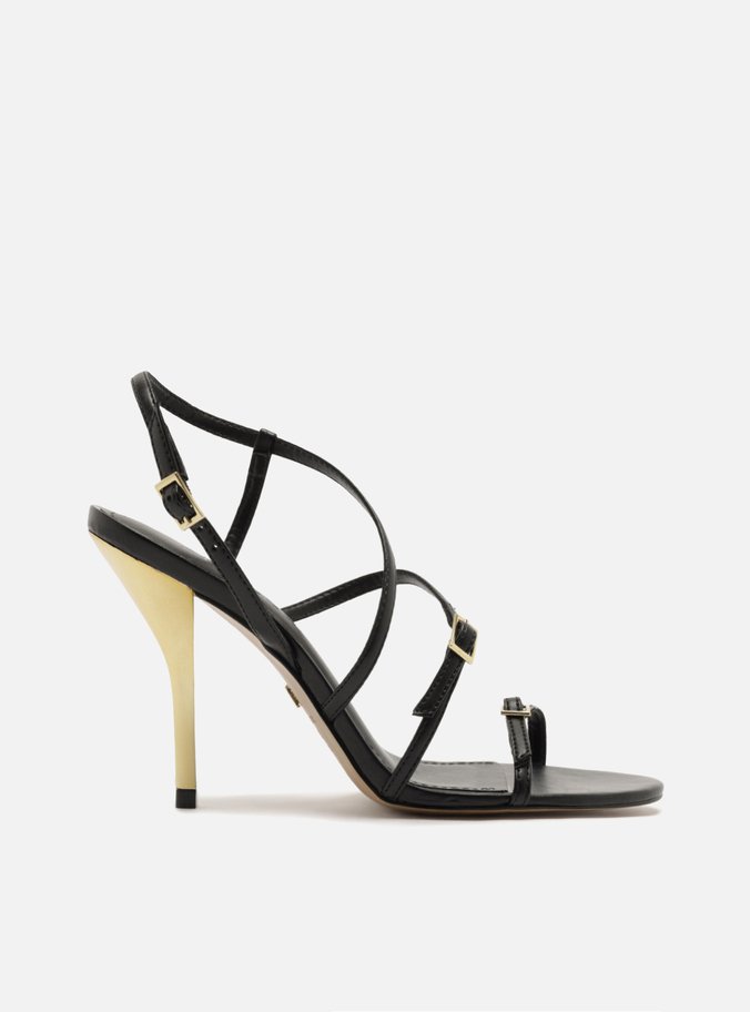 Sandália Preta Salto Alto Fino Tiras Fivelas