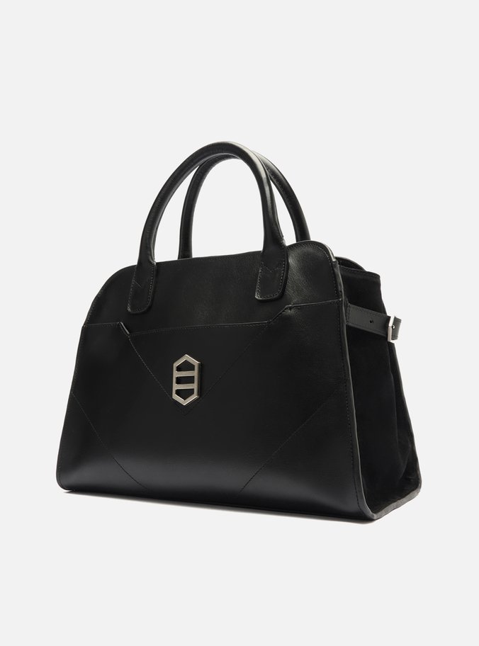 Bolsa Tote Preta Couro Recortes Média