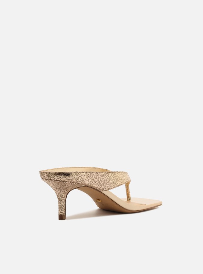 Tamanco Dourado Couro Salto Médio Thong