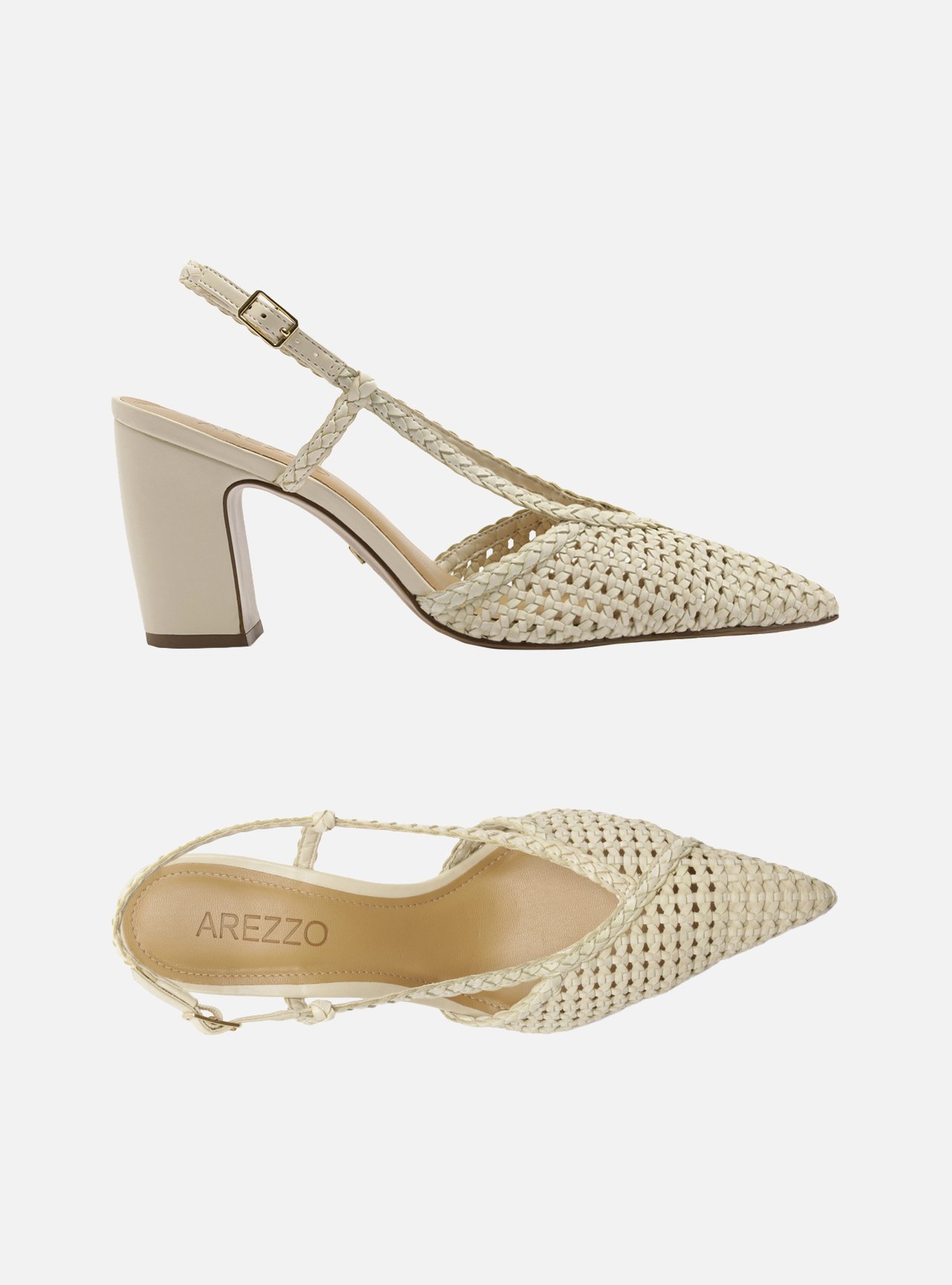 Scarpin Off White Trançado Salto Médio Bloco Slingback — foto 5