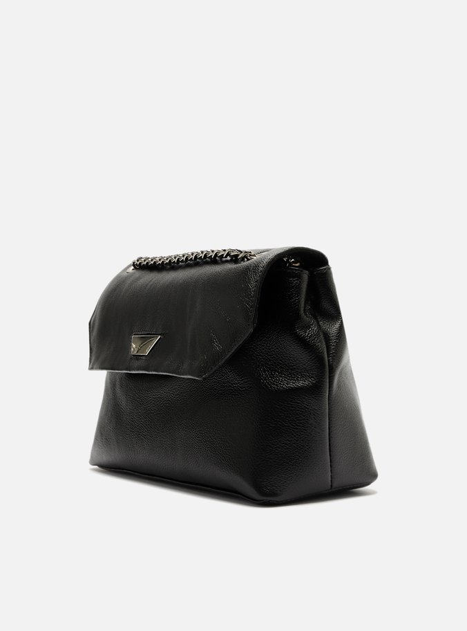 Bolsa Tiracolo Preta Couro Média Metal