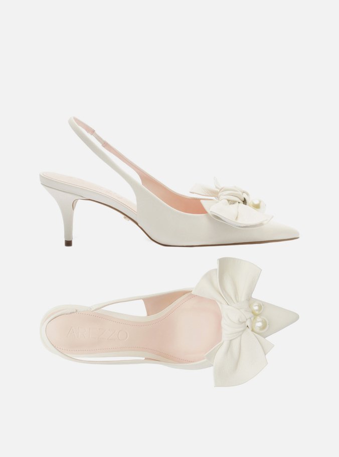 Scarpin Branco Couro Slingback Laço Pérolas