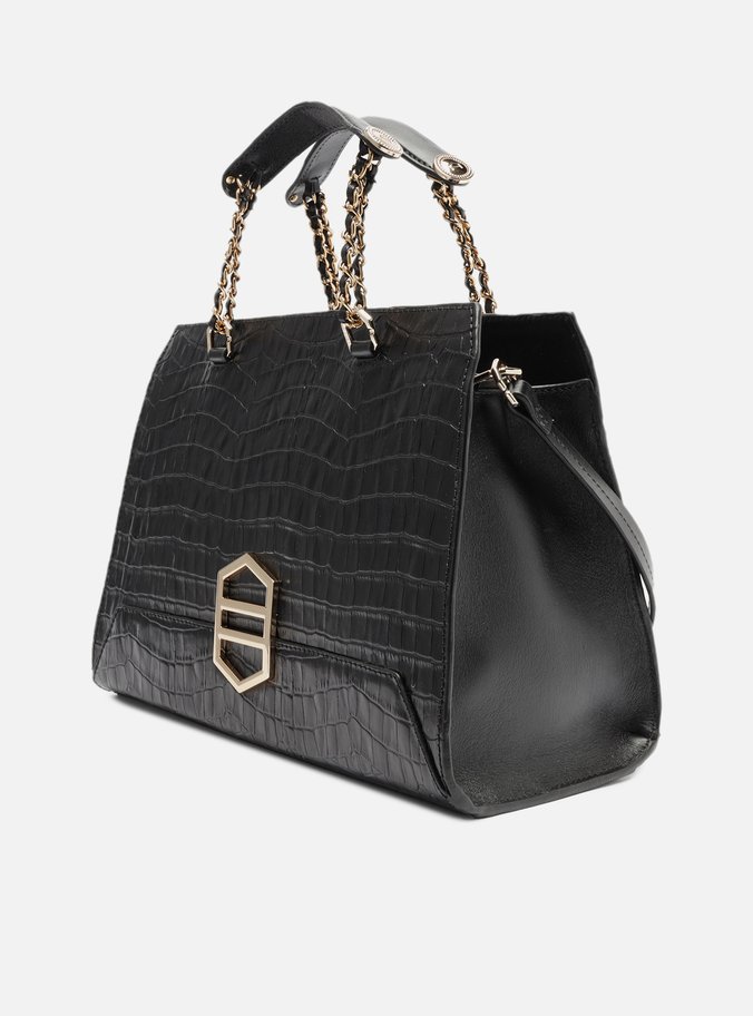 Bolsa Tote Preta Couro Croco Kopen Grande