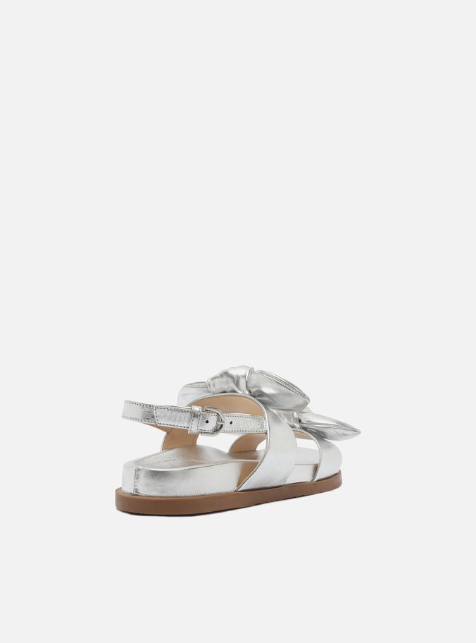Sandália Rasteira Prata Couro Flatform Laços