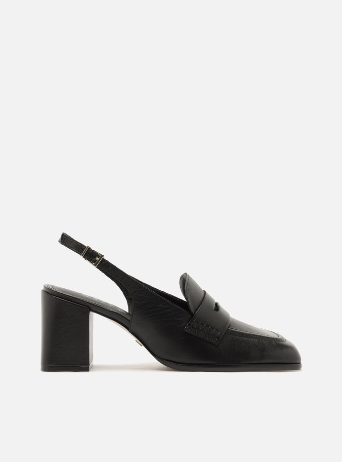 Mocassim Preto Couro Salto Bloco Slingback