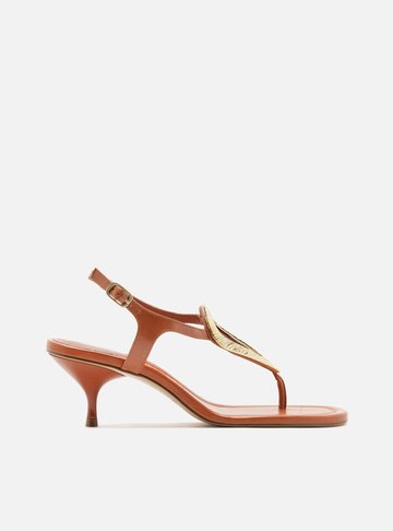 Sandália Laranja Couro Salto Kitten Metal Textura