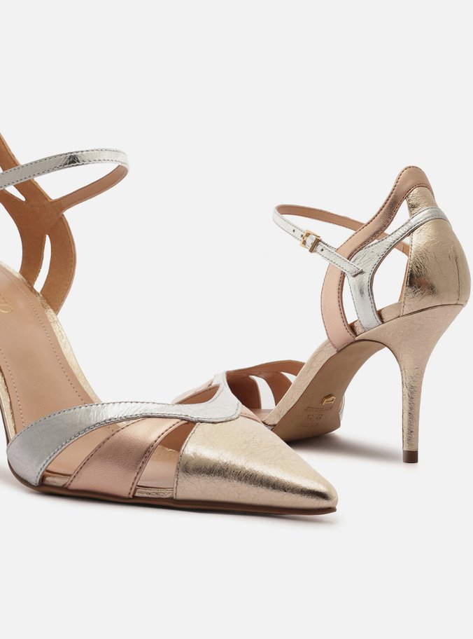 Scarpin Dourado Couro Salto Fino Mix Tiras