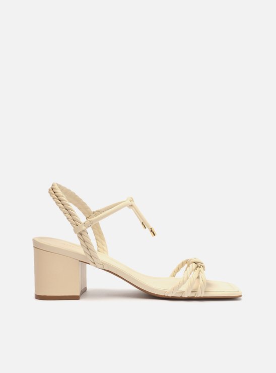 Sandália Off-White Salto Médio Bloco Tiras Torcidas