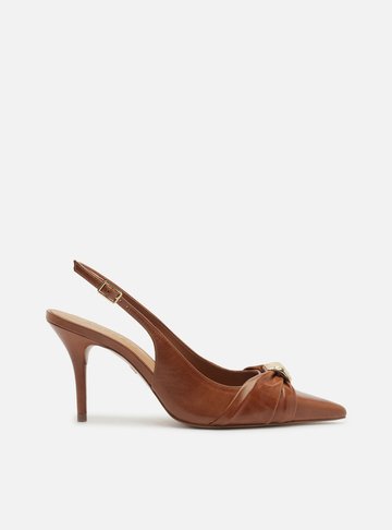 Arezzo — Scarpin Marrom Couro Bico Fino Slingback Metal