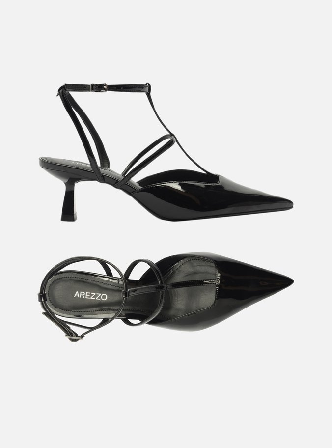 Scarpin Preto Verniz Salto Médio Aberto Tiras