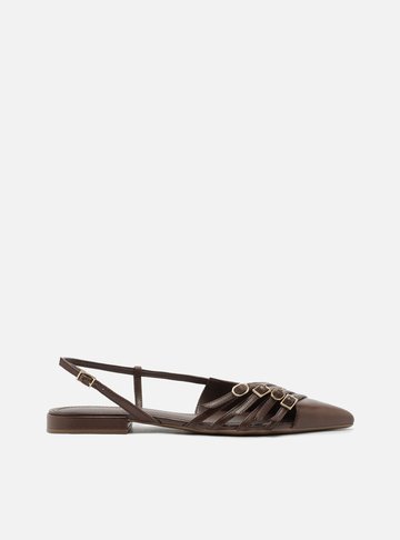 Sapatilha Marrom Couro Slingback Tiras Fivelas