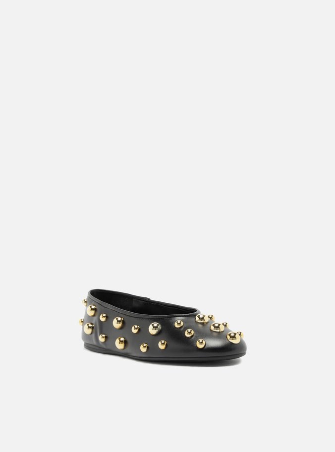 Sapatilha Preta Couro Bico Redondo Studs