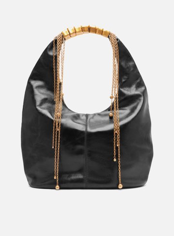 Bolsa Hobo Preta Couro Grande Alça Metais