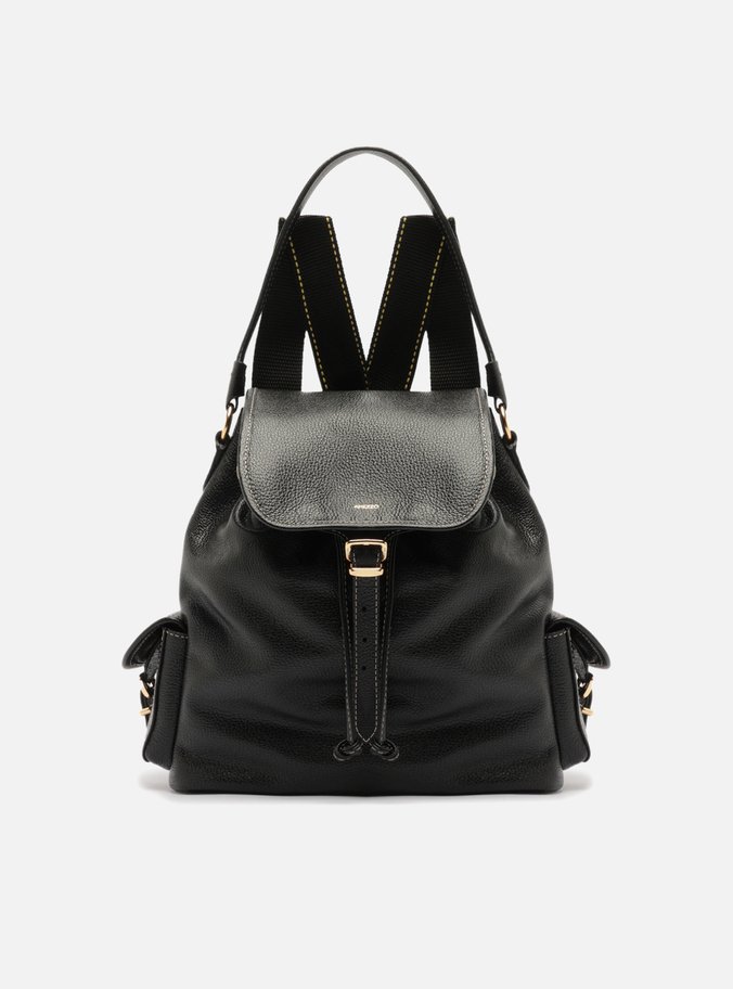 Mochila Preta Couro Média Bolsos