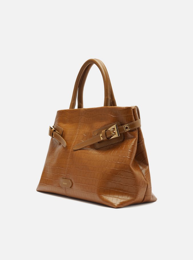 Bolsa Tote Caramelo Couro Croco Grande Fivelas