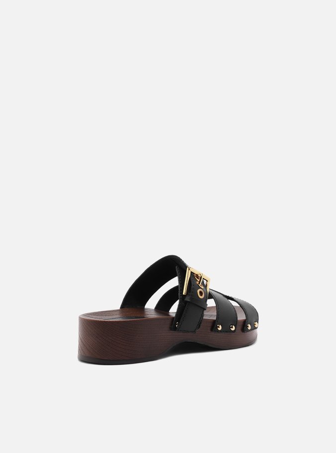 Sandália Clog Preta Couro Flatform Lauren