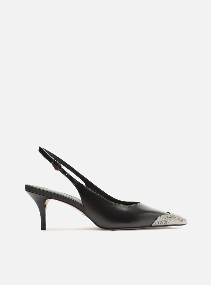 Scarpin Preto Couro Bico Fino Slingback Biqueira