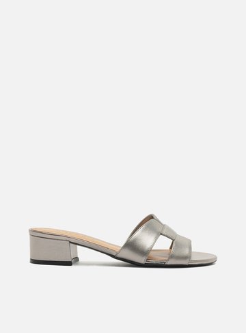 Tamanco Prata Couro Salto Bloco