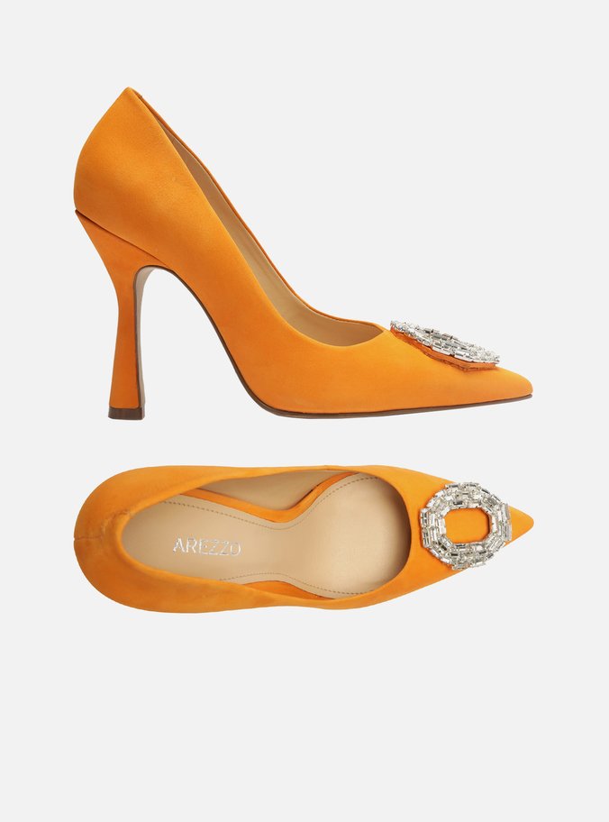 Scarpin Laranja Nobuck Bico Fino Pedraria