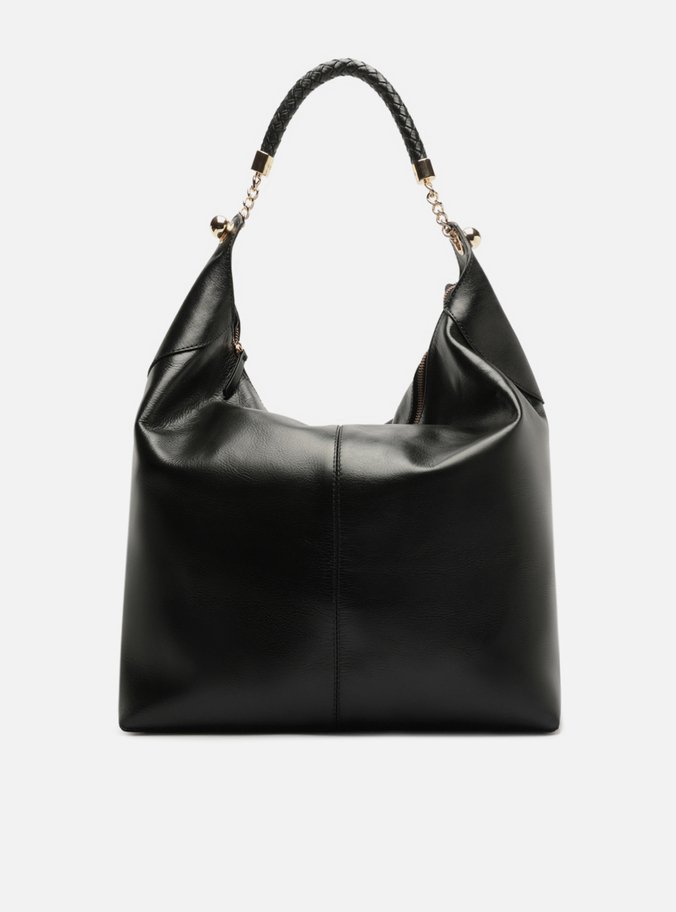 Bolsa Hobo Preta Couro Grande Alça Metais