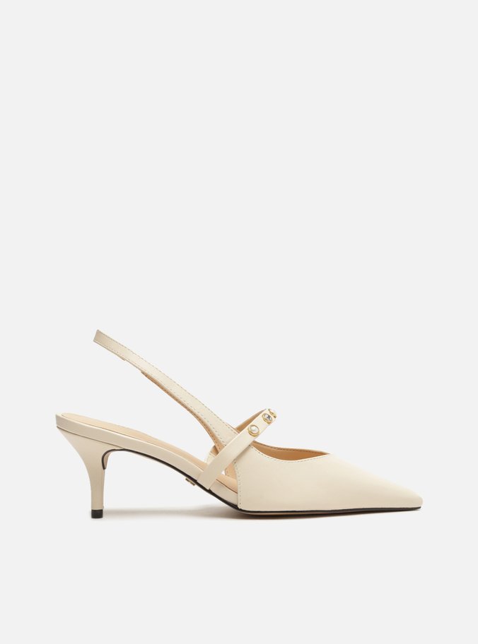 Scarpin Off-White Couro Salto Fino Slingback Aplicação