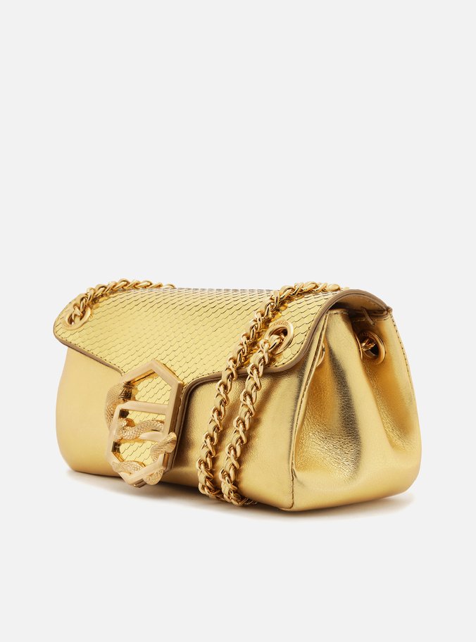 Bolsa Tiracolo Dourada Couro Snake Pequena