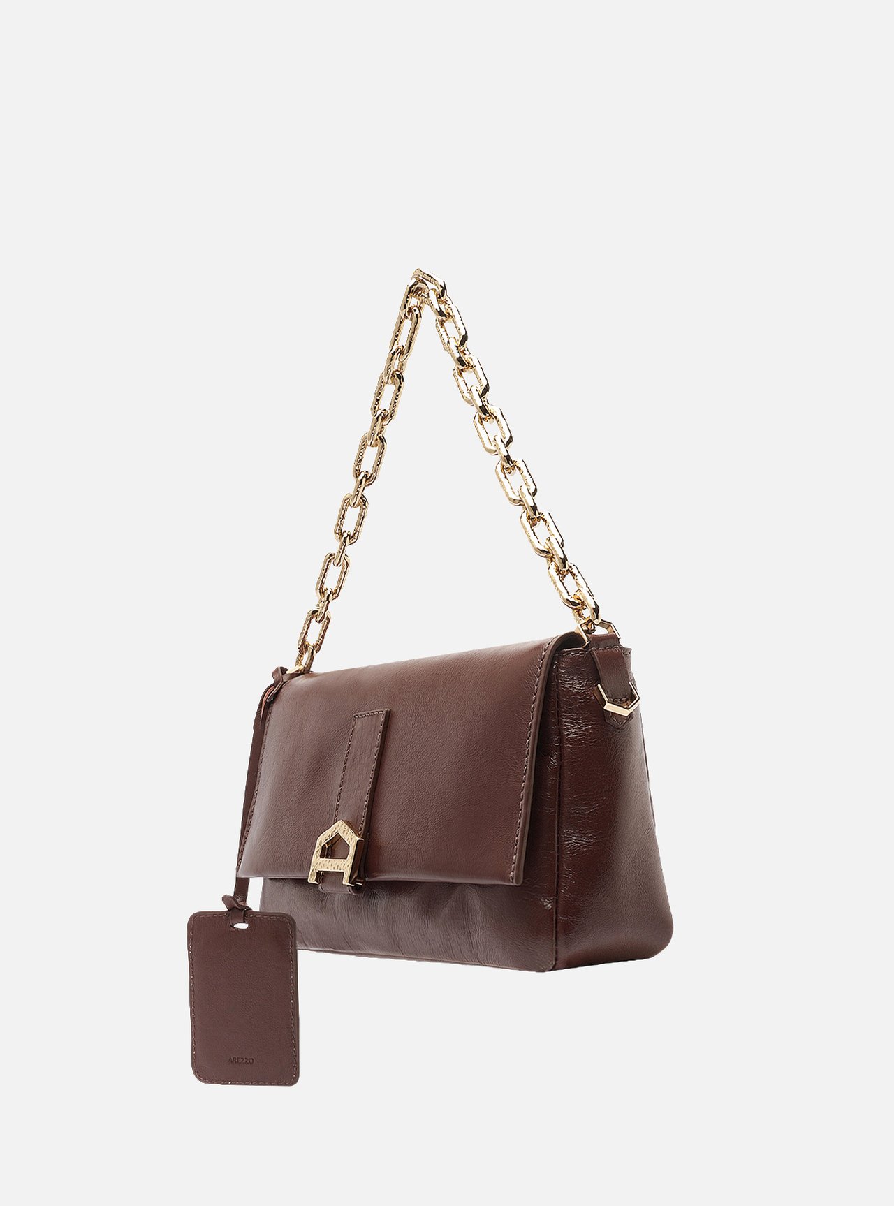 Bolsa Tiracolo Marrom Couro Média Alça Corrente — foto 2