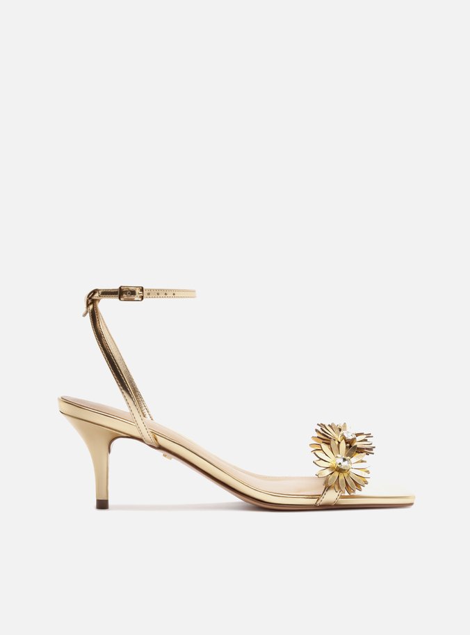 Sandália Dourada Salto Baixo Flores