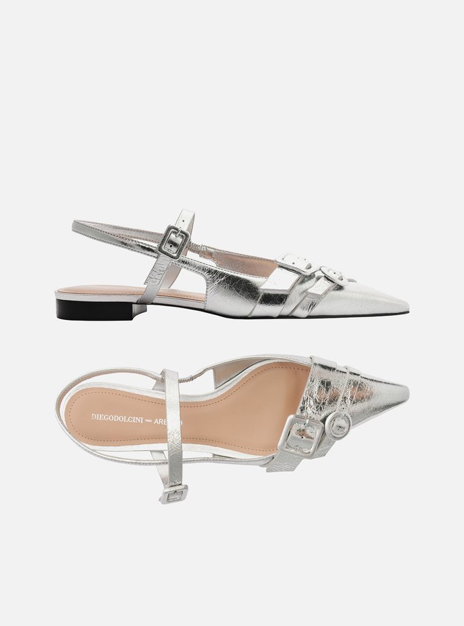 Sapatilha Prata Couro Slingback Fivelas