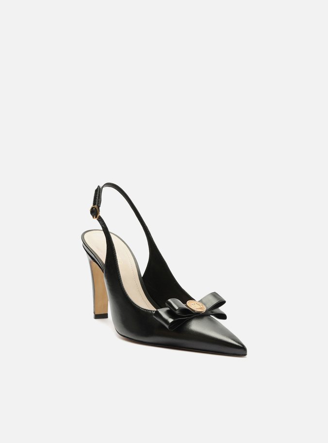Scarpin Preto Couro Bico Fino Slingback Laço