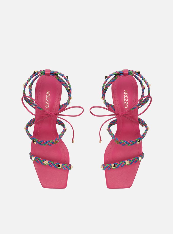 Sandália Rosa Salto Bloco Trançada Spikes