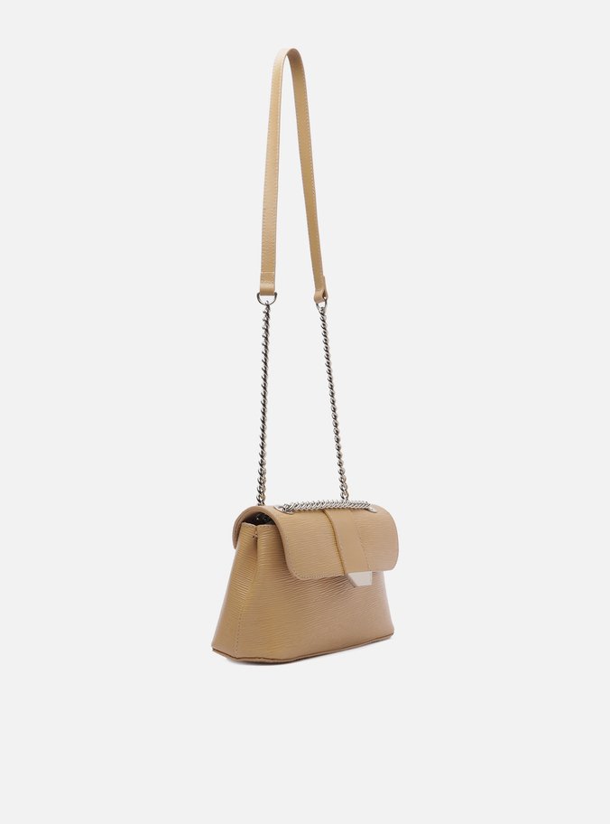 Bolsa Tiracolo Bege Couro Média Lapela Metal