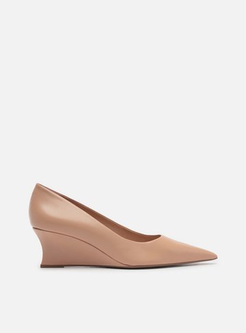Scarpin Bege Couro Salto Baixo Anabela Bico Fino