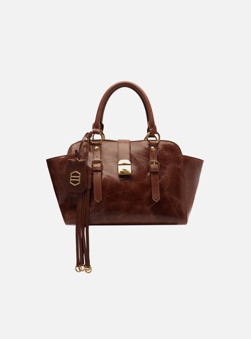 Bolsa Tote Marrom Couro Estonado Média Metal