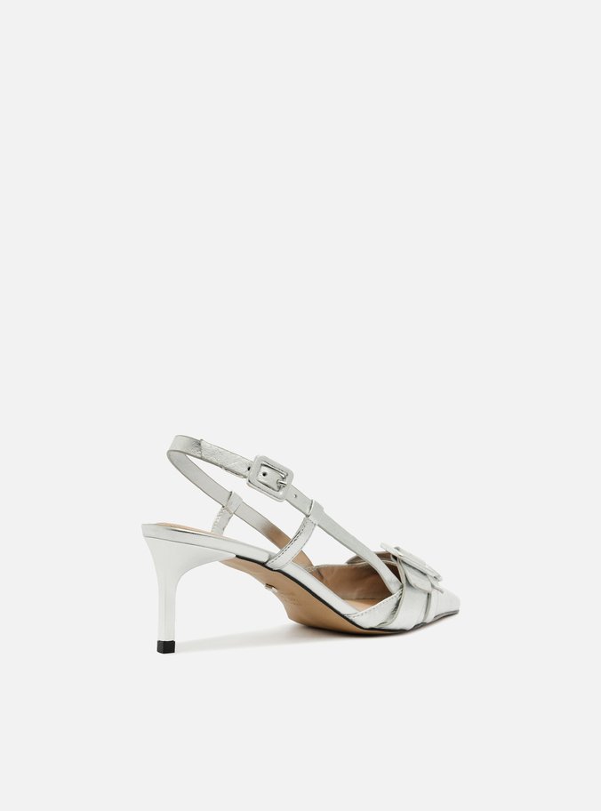 Scarpin Prata Couro Salto Baixo Slingback