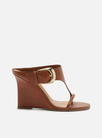 Arezzo — Sandália Marrom Couro Anabela Tira Thong Maxi Fivela