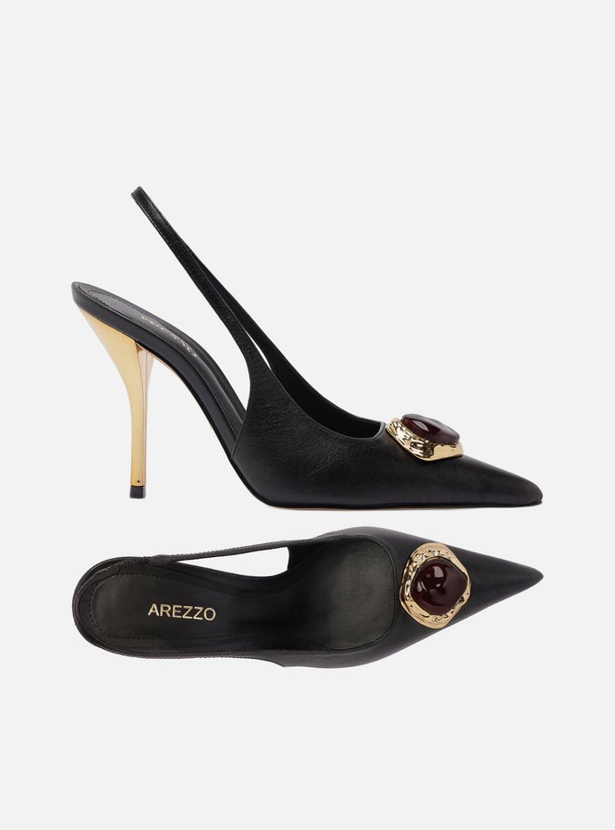 Scarpin Preto Couro Salto Alto Slingback Pedraria