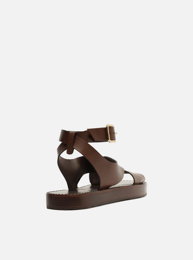 Sandália Marrom Couro Flatform Tiras Largas