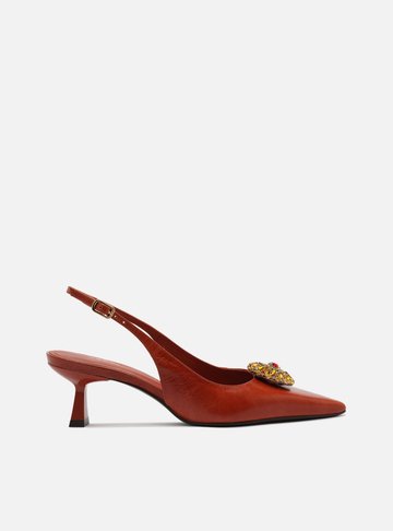 Scarpin Marrom Couro Salto Médio Slingback Pedraria