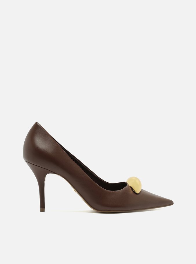Scarpin Marrom Couro Salto Fino Metal Silvia Braz
