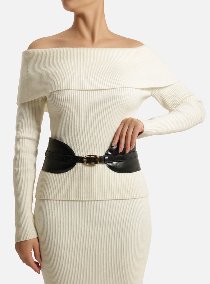 Cinto Preto Couro Largo Tira Sobreposta