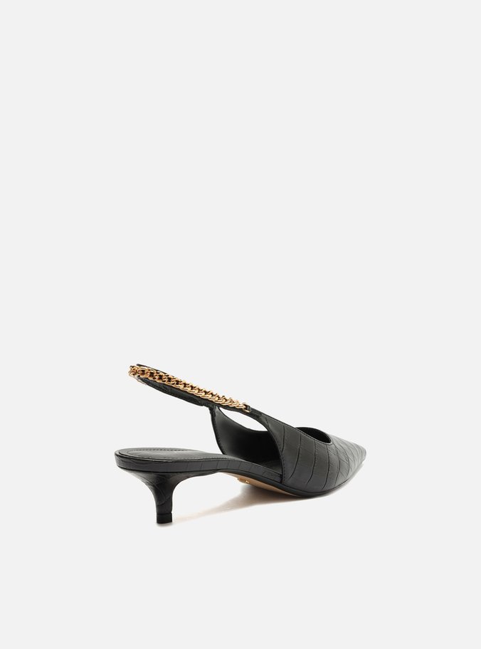 Scarpin Preto Croco Salto Baixo Slingback