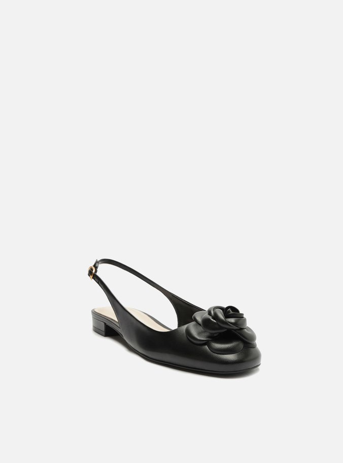 Sapatilha Preta Couro Slingback Flor